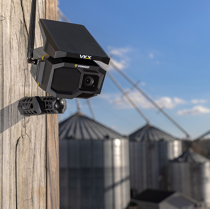 VKX camera mounted on a wood post overlooking grain silos