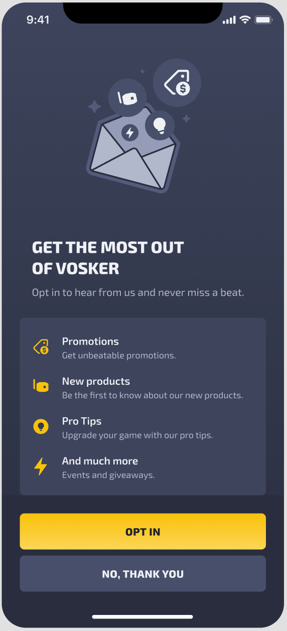 App screen offering to sign in to marketing offers and announcements.