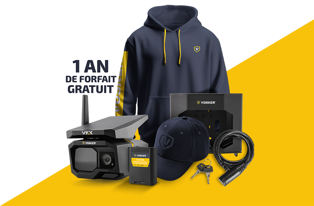 Prix: Caméra VKX, V-SBOX2, V-LIT-B3, V-CB-LOCK, 1 an de forfait gratuit, casquette VOSKER et un hoodie VOSKER